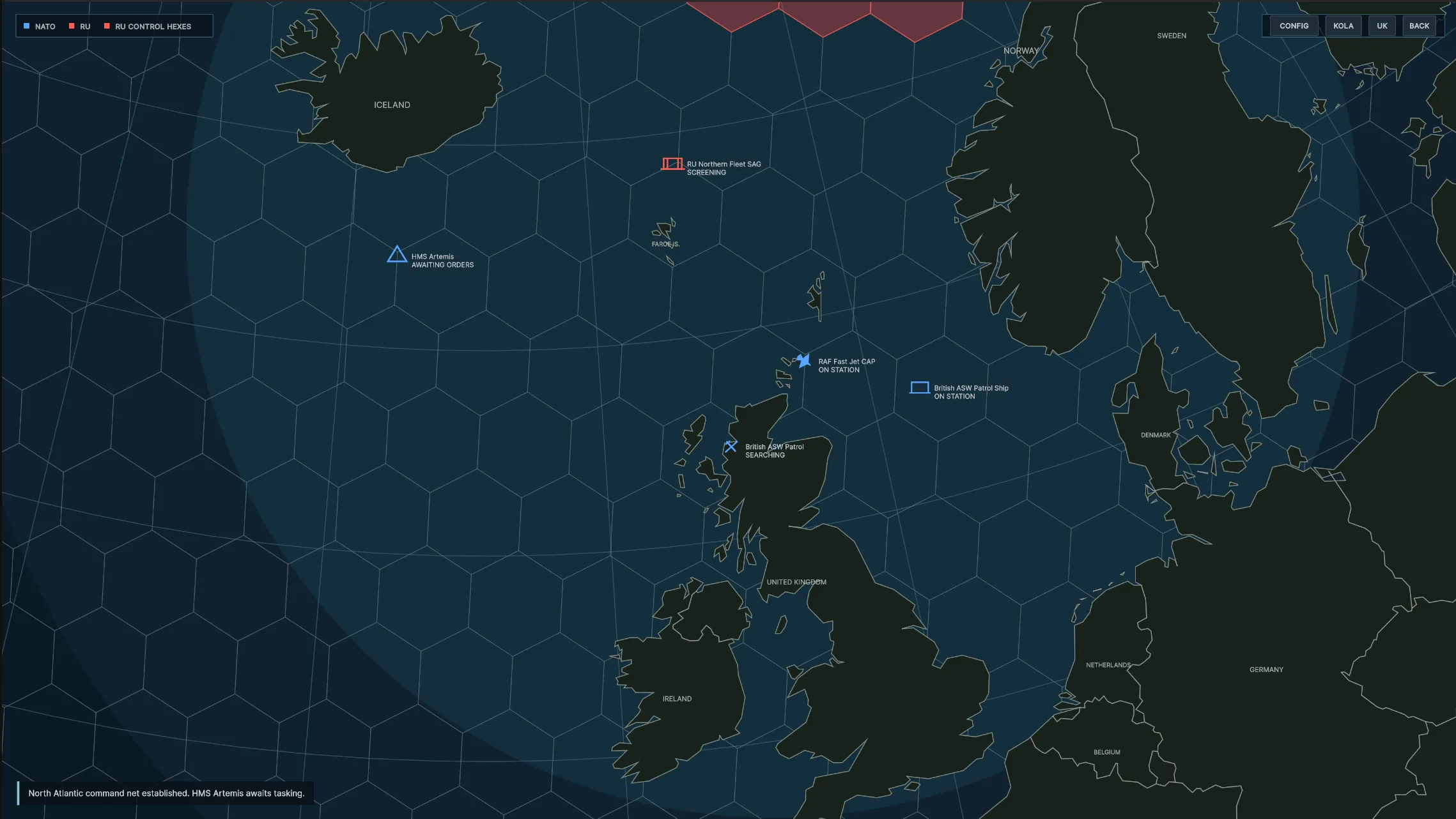 In-game strategic map of the North Atlantic showing NATO and Russian forces